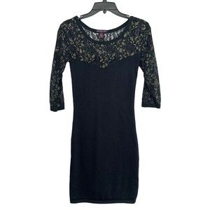 Material Girl Womens Black Mini Bodycon Dress Size S Lace Short‎ Sleeve Stretch